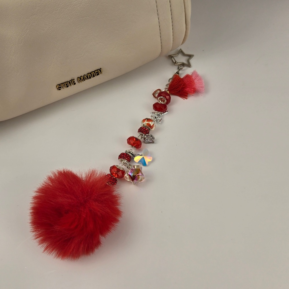Red Faux Fur Pom Pom Beaded Bag Charm Tassel Star Clasp Keychain Accessory